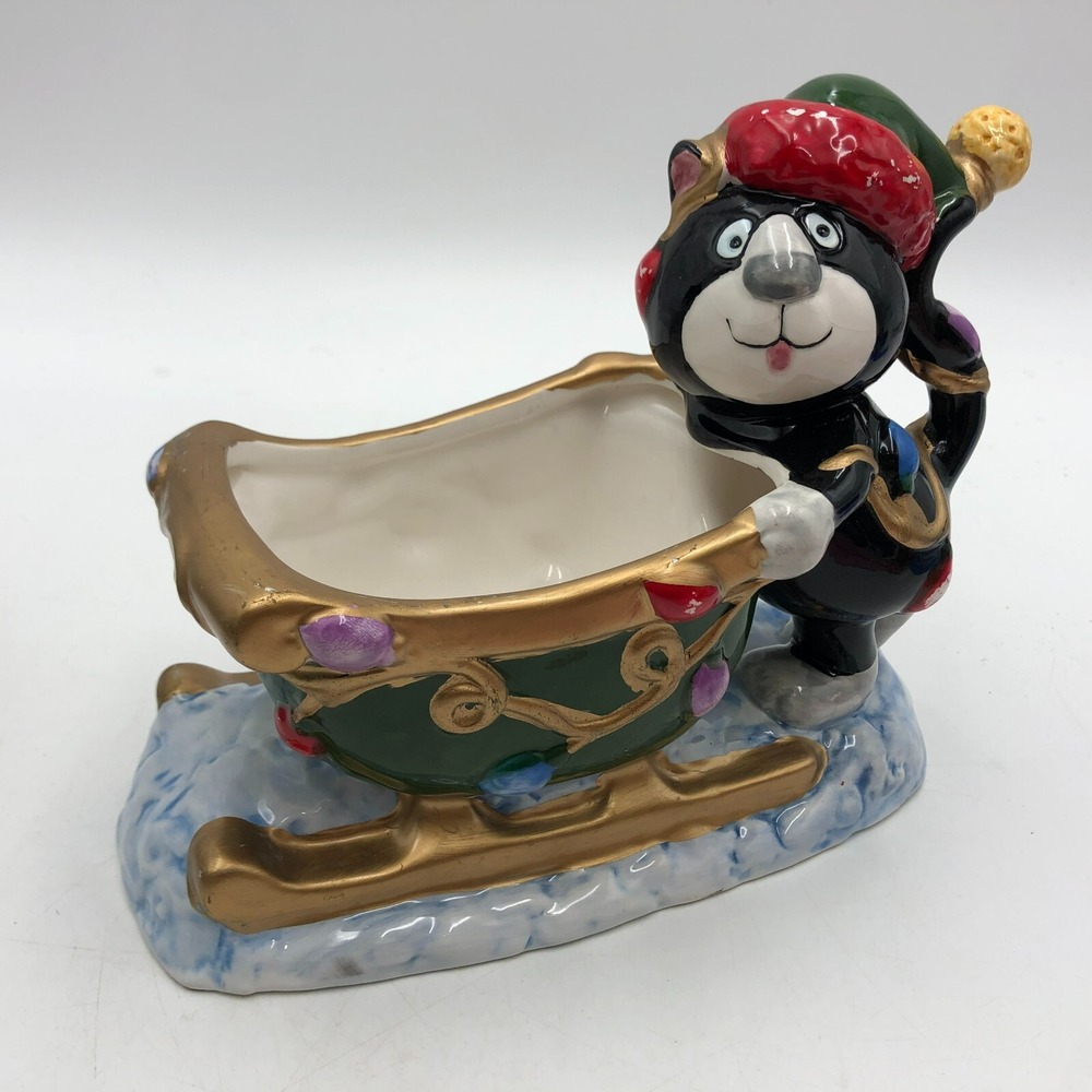 WCL Black Cat Sleigh Sled VINTAGE CHRISTMAS Winter CERAMIC BOWL PLANTER